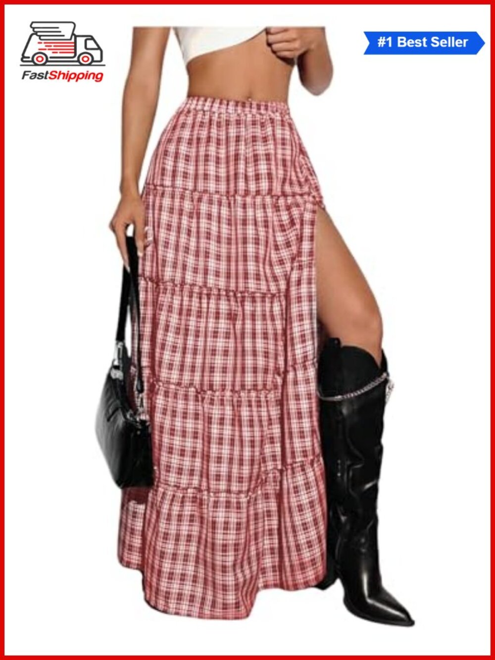 ✨ Women's Plaid Maxi Skirt High Slit A-Line Tiered Ruffle Hem Y2K Flowy